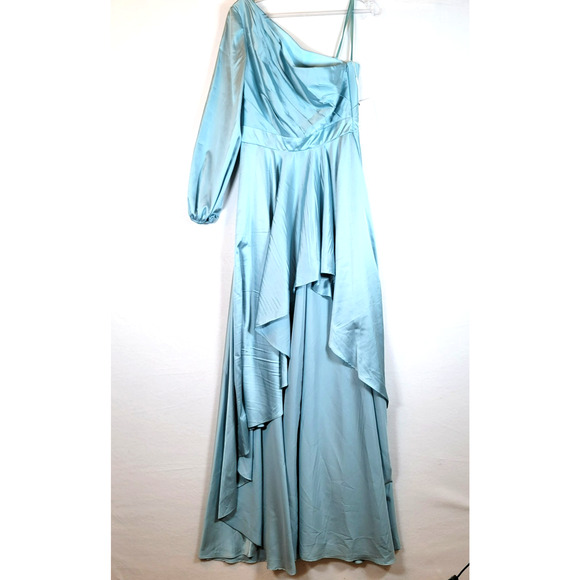 Mac Duggal Womens One-Shoulder Satin Pleated Hi-Lo Maxi Gown Dress Size 4 Blue - Picture 1 of 13